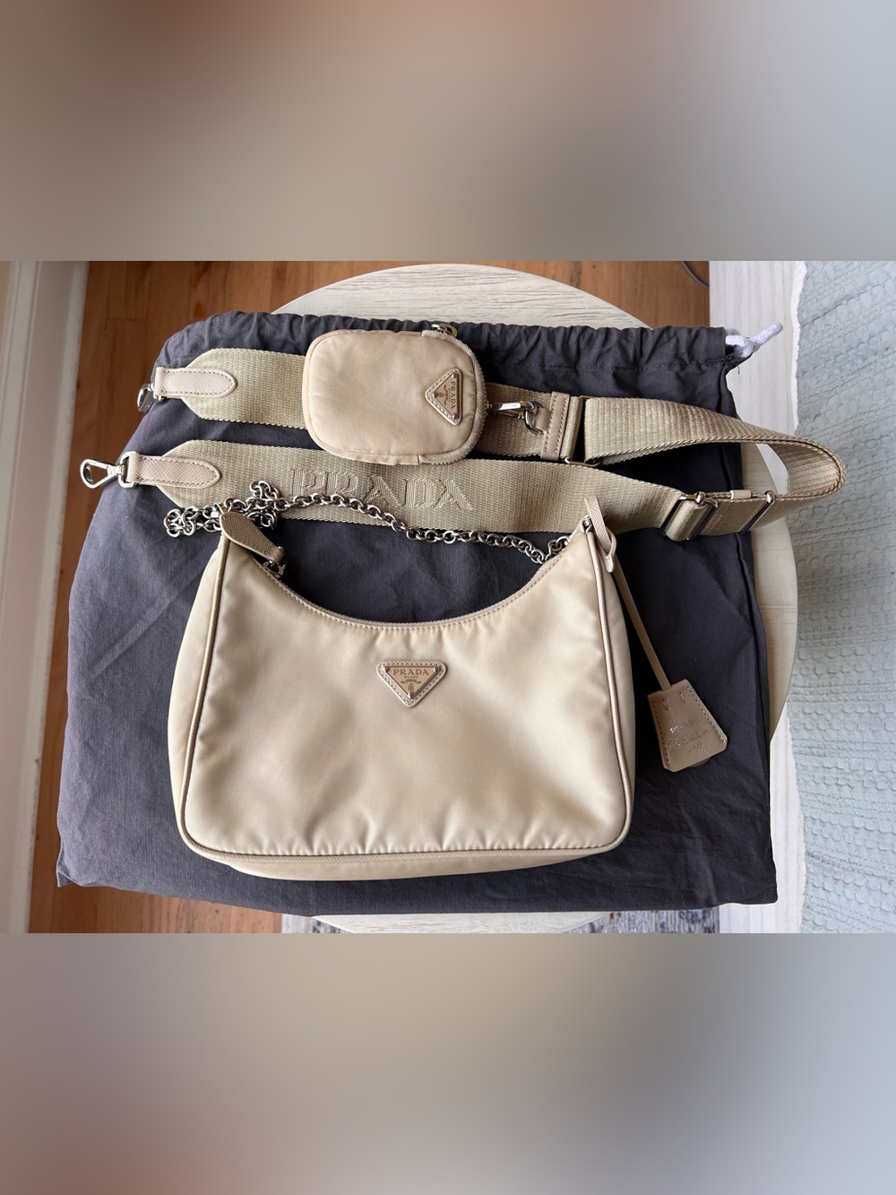 Authentic Prada 2005 Re-Edition Nylon bag crossbody shoulder Cammeo Beige